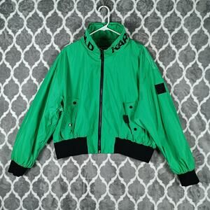 Karl Lagerfeld Paris Jacket Womens XL Green Logo Hooded Bomber Windbreaker